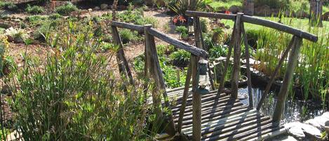 A rustic wooden bridge over a pond, surrounded by lush greenery and a variety of plants.