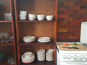 Fridge, microwave, cookware/dishes/utensils