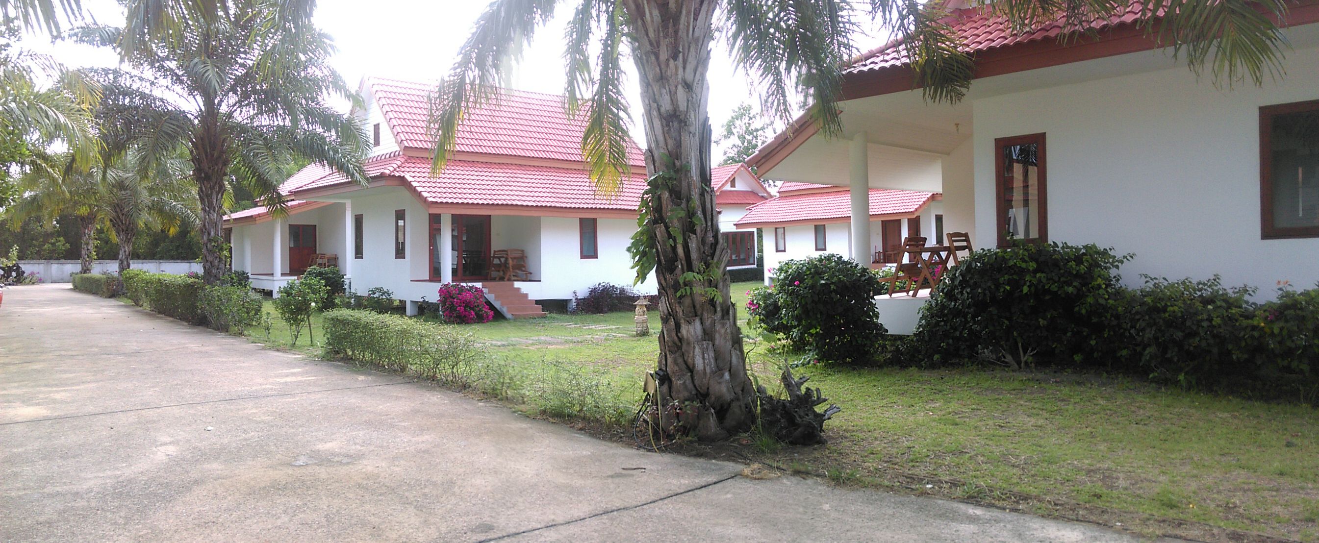 A row of white buildings with red roofs, surrounded by greenery and a paved path.