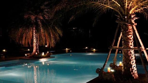 A nighttime swimming pool with palm trees and a wooden swing structure. - Armonia Village Resort and Spa (Chumphon)
