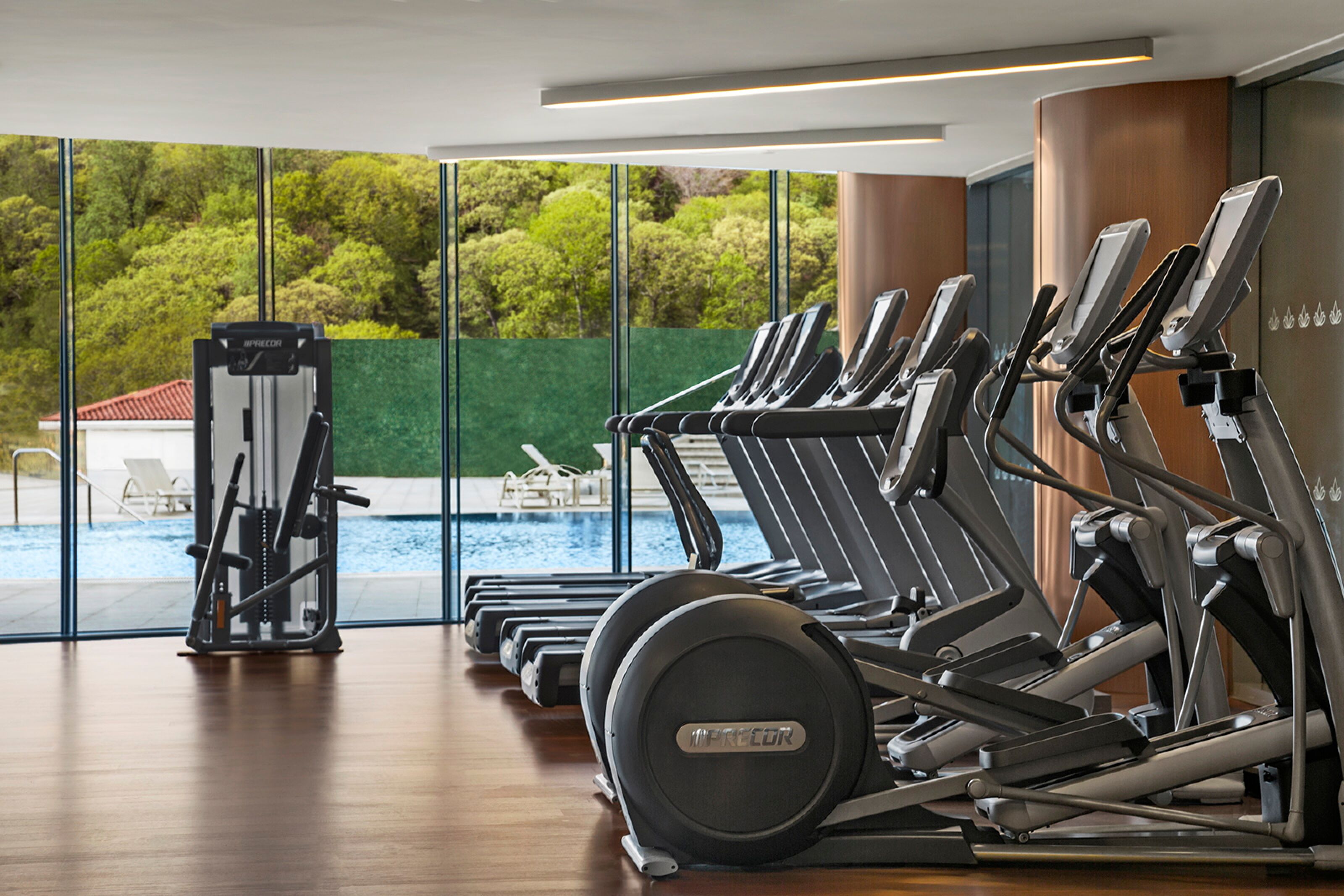 Une rangée de vélos d’appartement et un appareil d’aviron dans une salle de sport donnant sur une piscine et sur un espace verdoyant à l’extérieur.