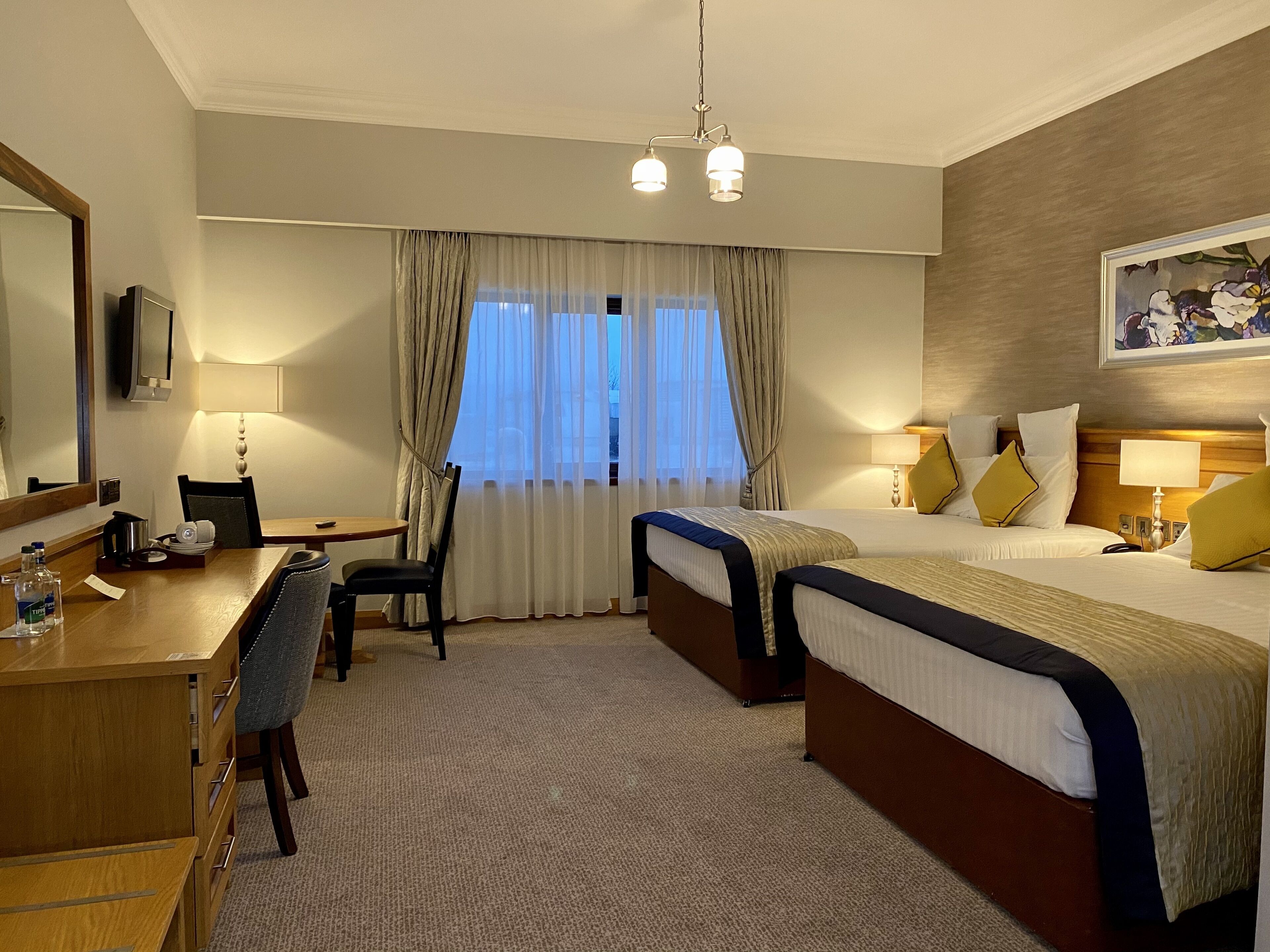 Habitación de hotel con dos camas, un escritorio, una silla, un televisor y un cuadro en la pared.