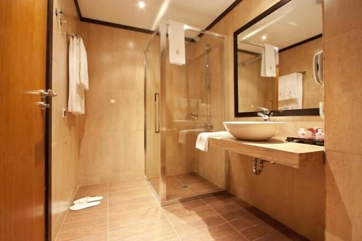 Eco-friendly toiletries, hair dryer, towels, soap