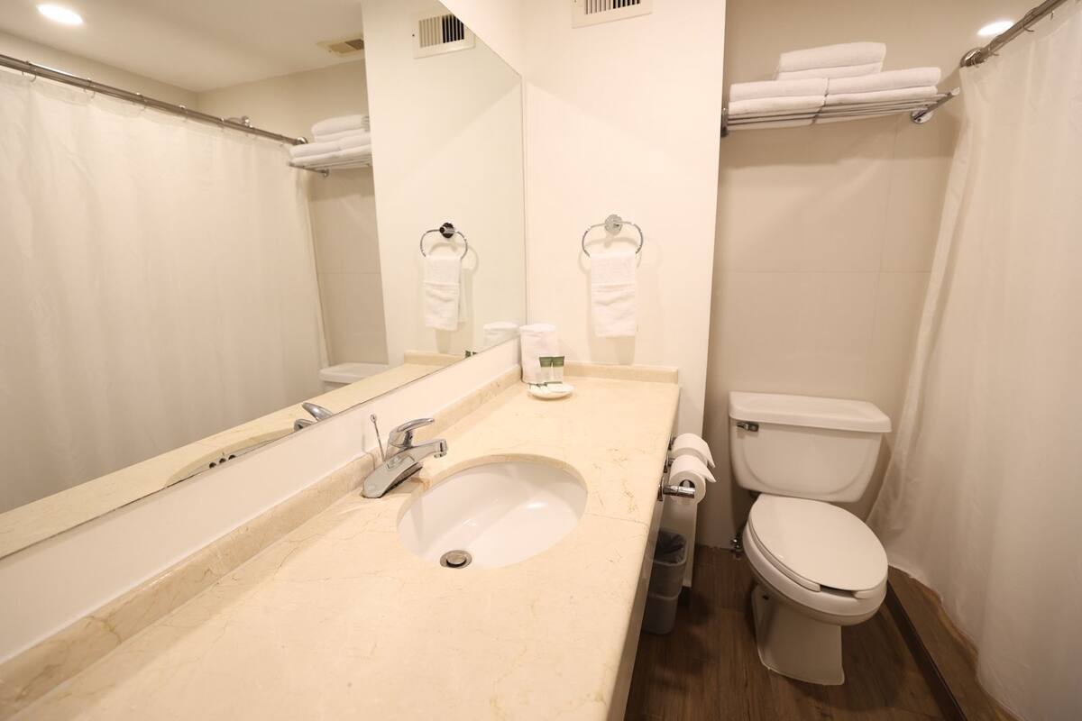 standard double room | bathroom | combined shower/bathtub, hair dryer, towels, shampoo
