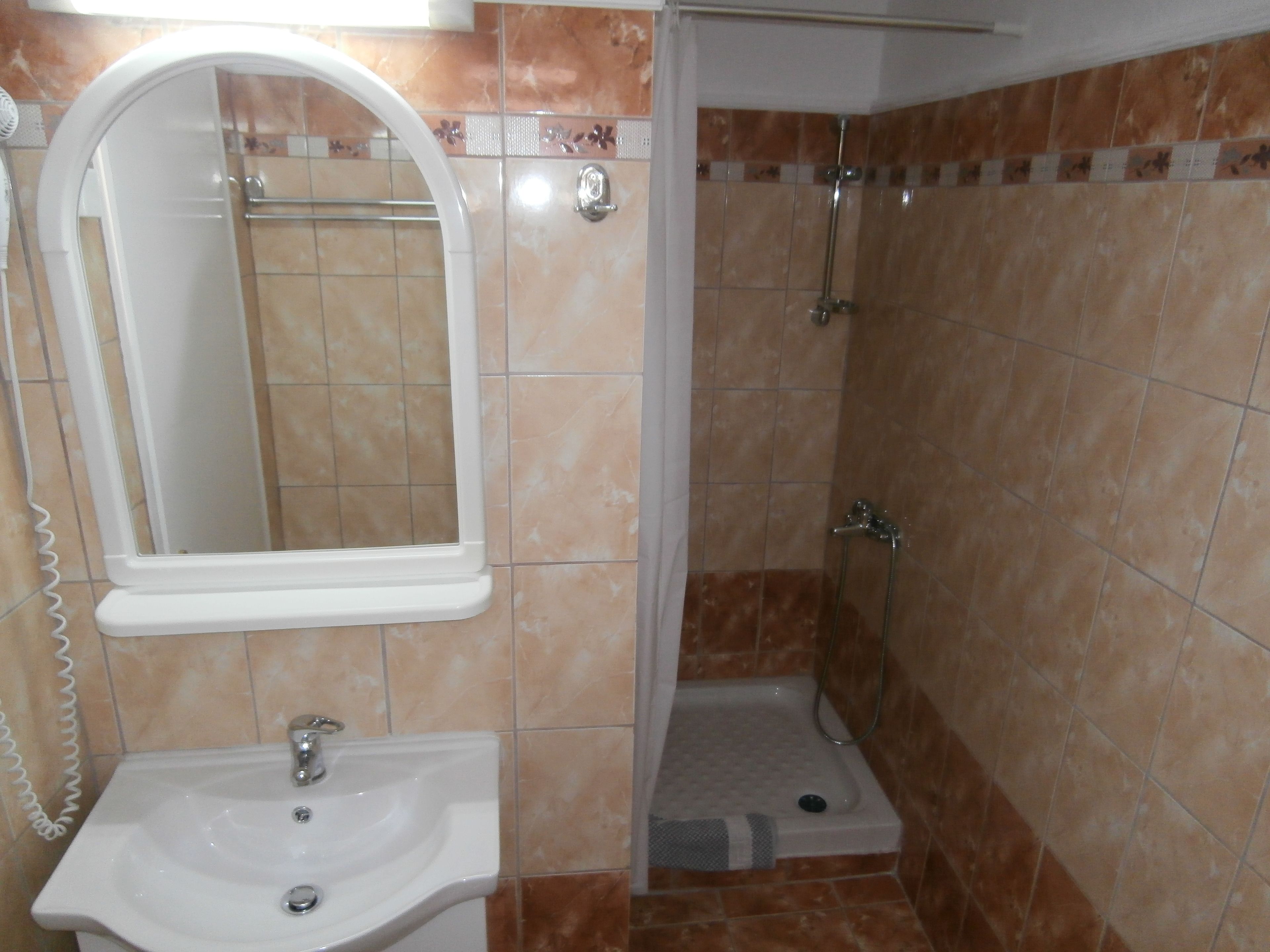 A bathroom with a sink, mirror, and shower.