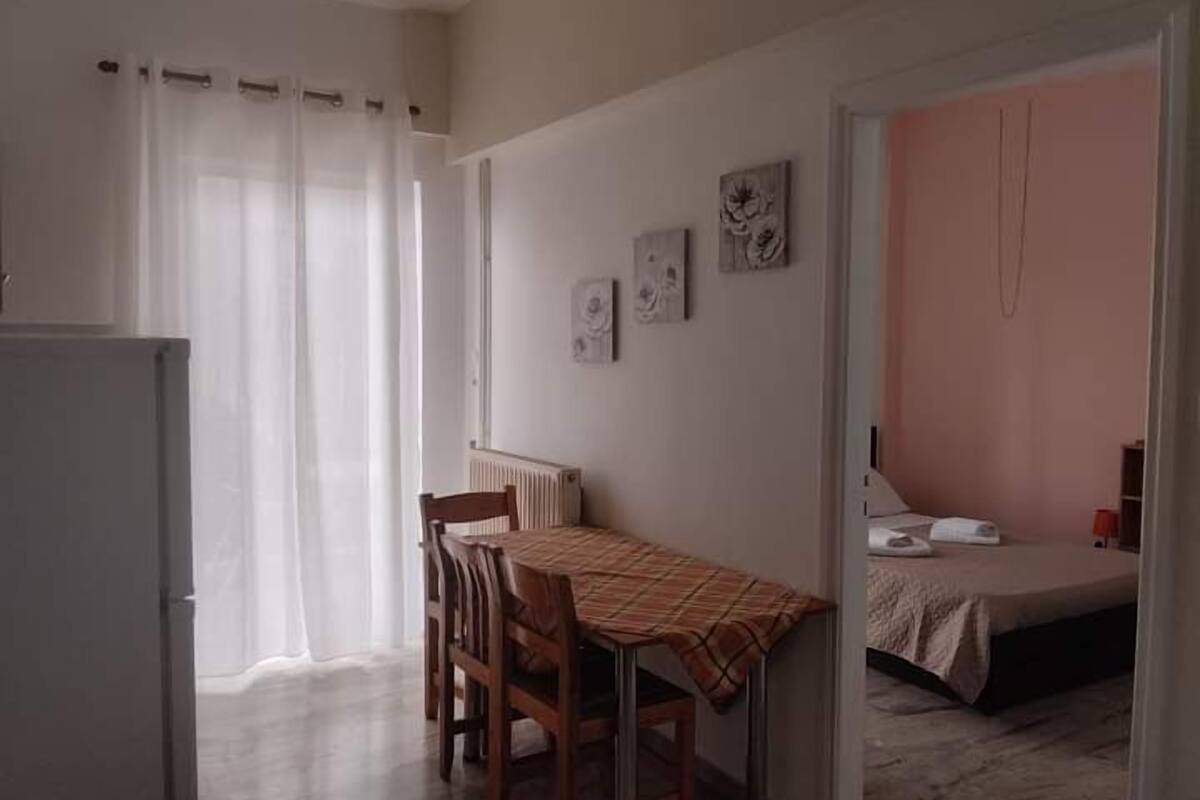 A room with a dining table, chairs, a bed, and a radiator.