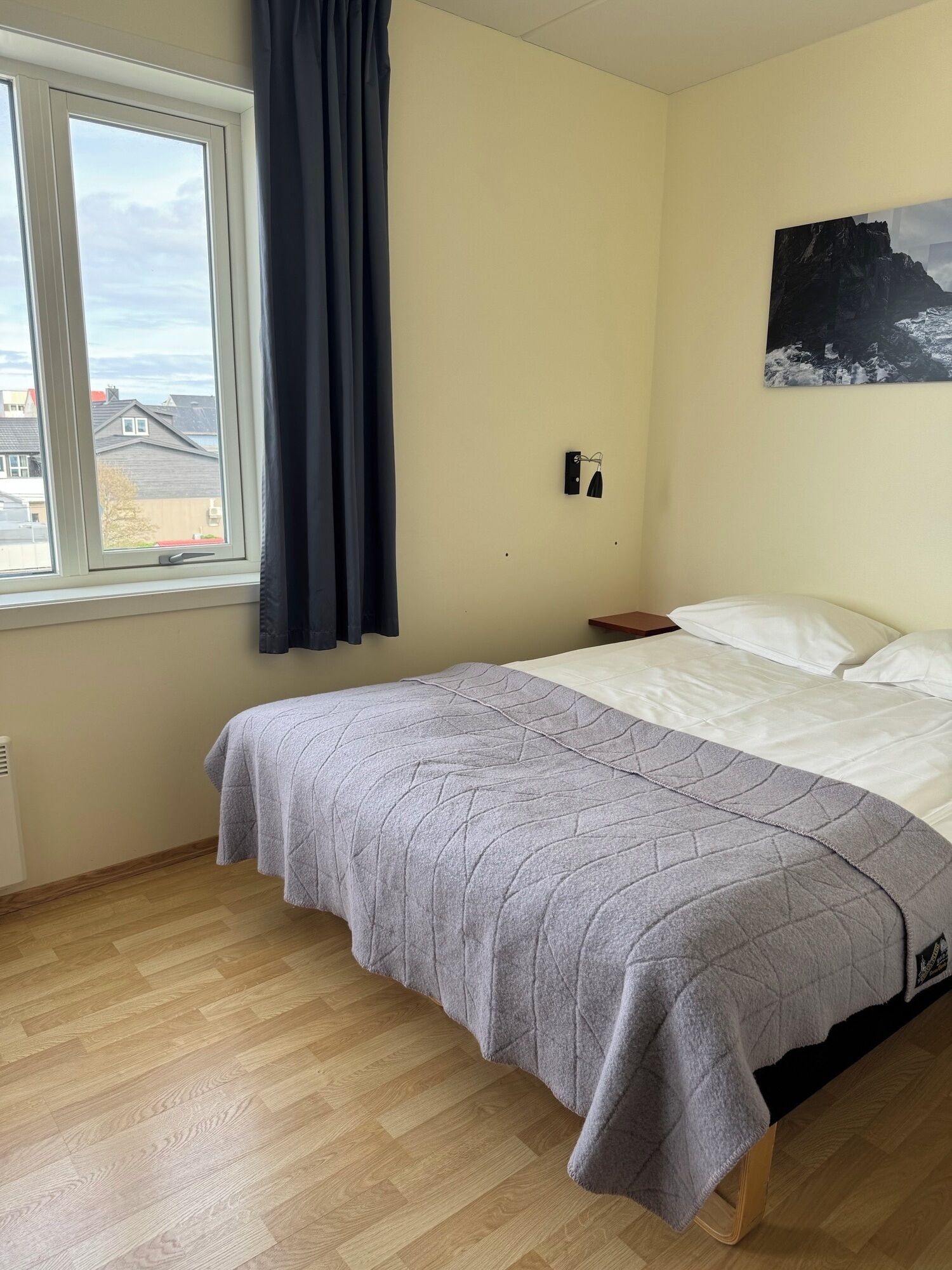 Une chambre à coucher avec un lit, une fenêtre avec des rideaux, un luminaire fixé au mur et un tableau.