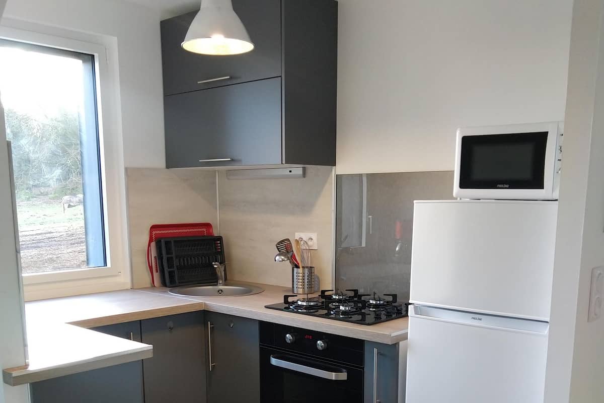 A compact kitchen with grey cabinets, a white refrigerator, a built-in oven, and a microwave.