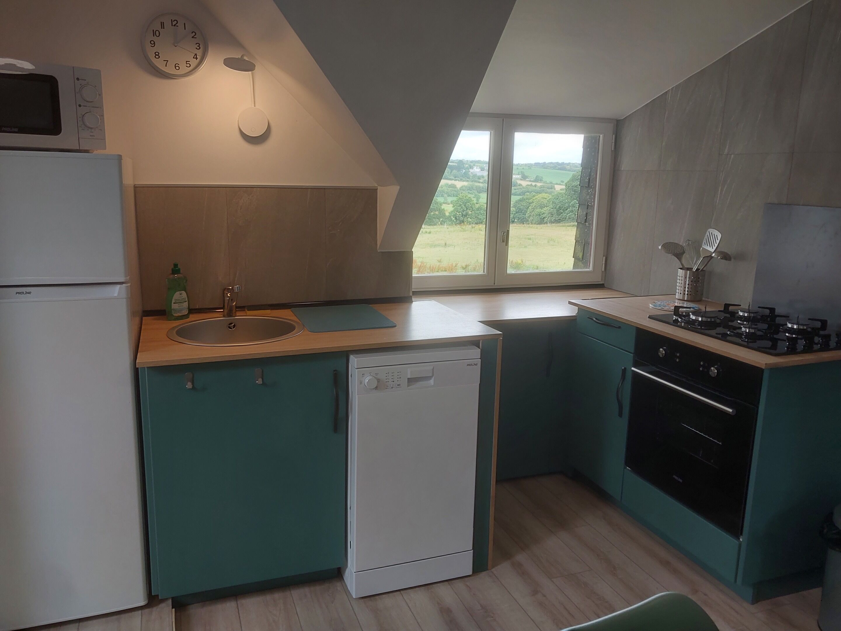 A compact kitchen with a sink, dishwasher, stove, and a window with a view of greenery.
