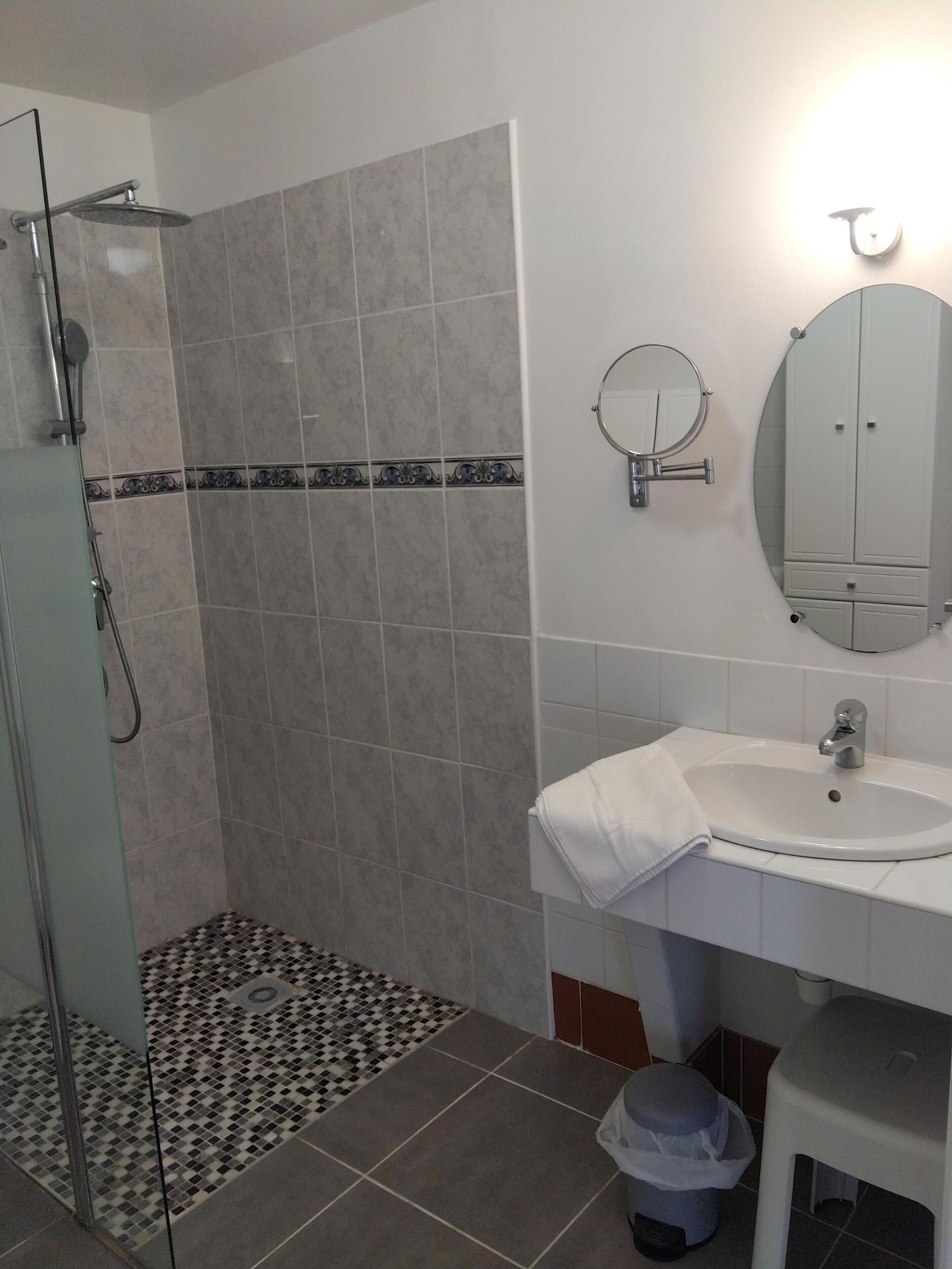 Une salle de bain équipée d’une douche, d’un lavabo, d’un miroir et de toilettes.