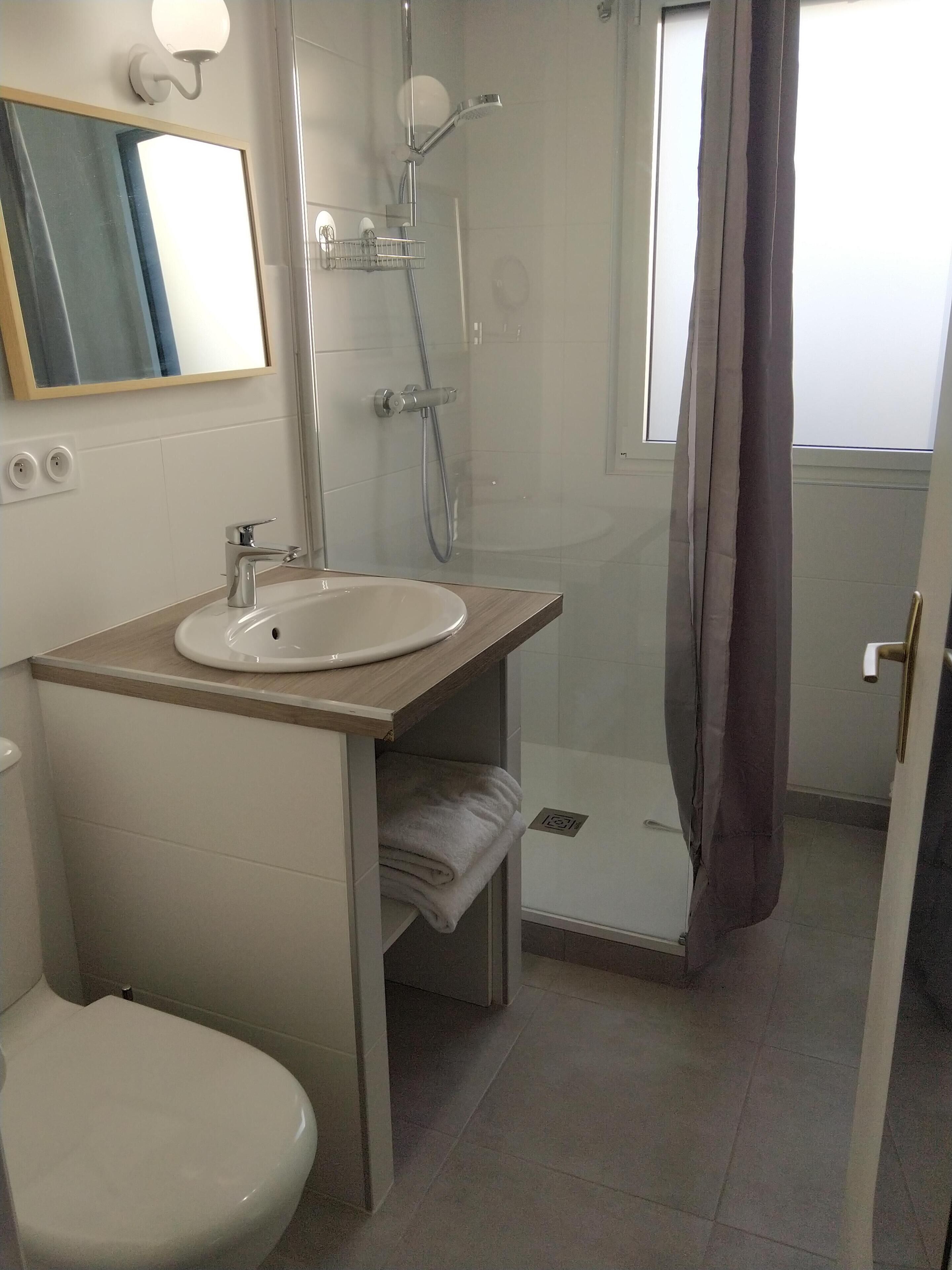 A bathroom with a toilet, sink, shower, and a mirror.