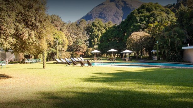 Zona de piscina con sillones de descanso y sombrillas, rodeada de árboles y una montaña al fondo.