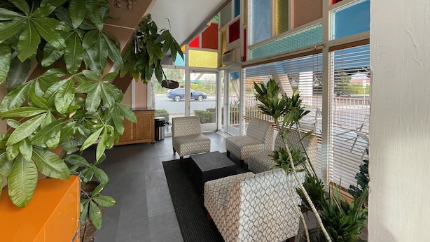 A modern interior with a seating area, large windows, and indoor plants. - La Casa Inn (Pasadena)
