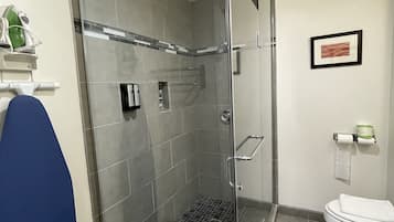 Combined shower/bathtub, free toiletries, hair dryer, towels
