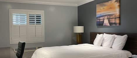 Premium bedding, desk, iron/ironing board, bed sheets