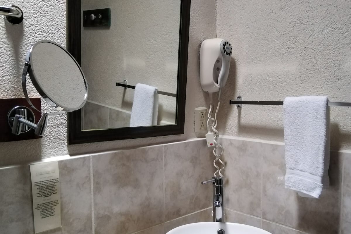Shower, hair dryer, towels