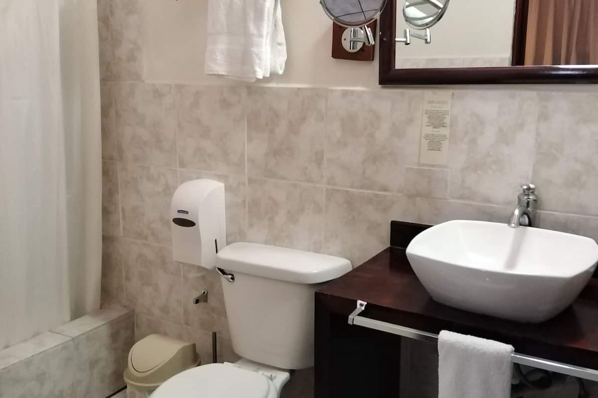 standard double room | bathroom | shower, hair dryer, towels