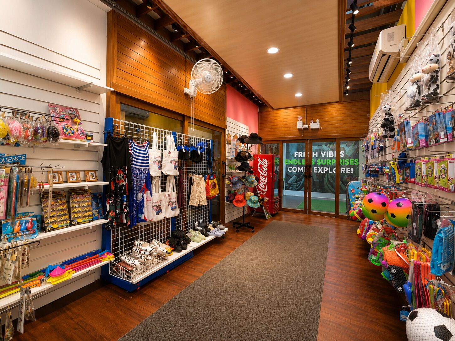 Interior de una tienda con estantes llenos de juguetes, un ventilador y un refrigerador Coca-Cola.