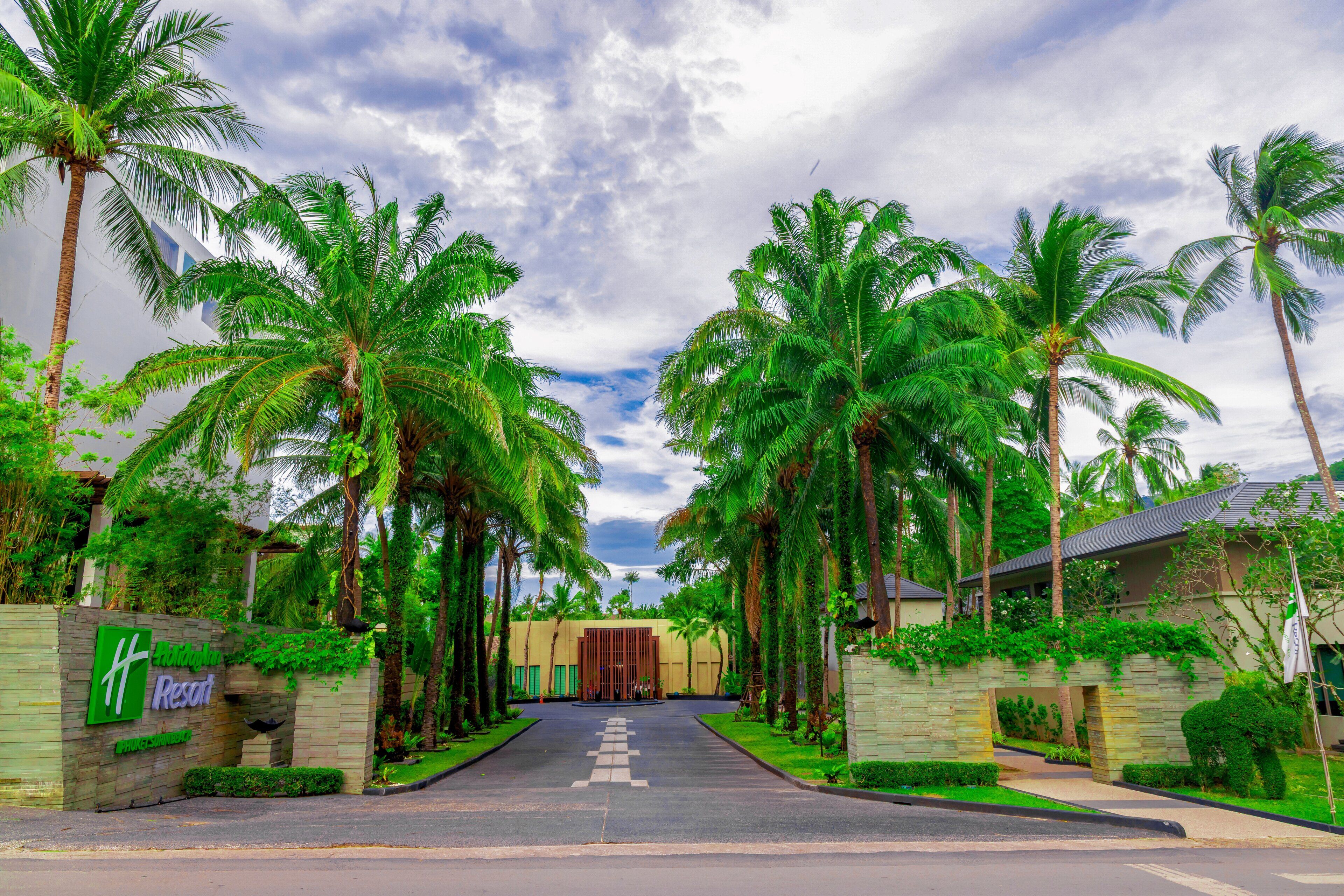 Entrada de un resort tropical con palmeras, un muro de piedra y cielo despejado.