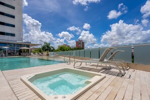 Outdoor pool, open 8:00 AM to 8:00 PM, sun loungers