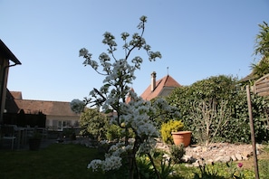 Ein Garten mit einem blühenden Baum, einer Terrasse mit Stühlen und ein Gebäude mit rotem Dach.
