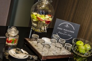 Welcome to our reception area, where guests can enjoy complimentary refreshments and amenities.