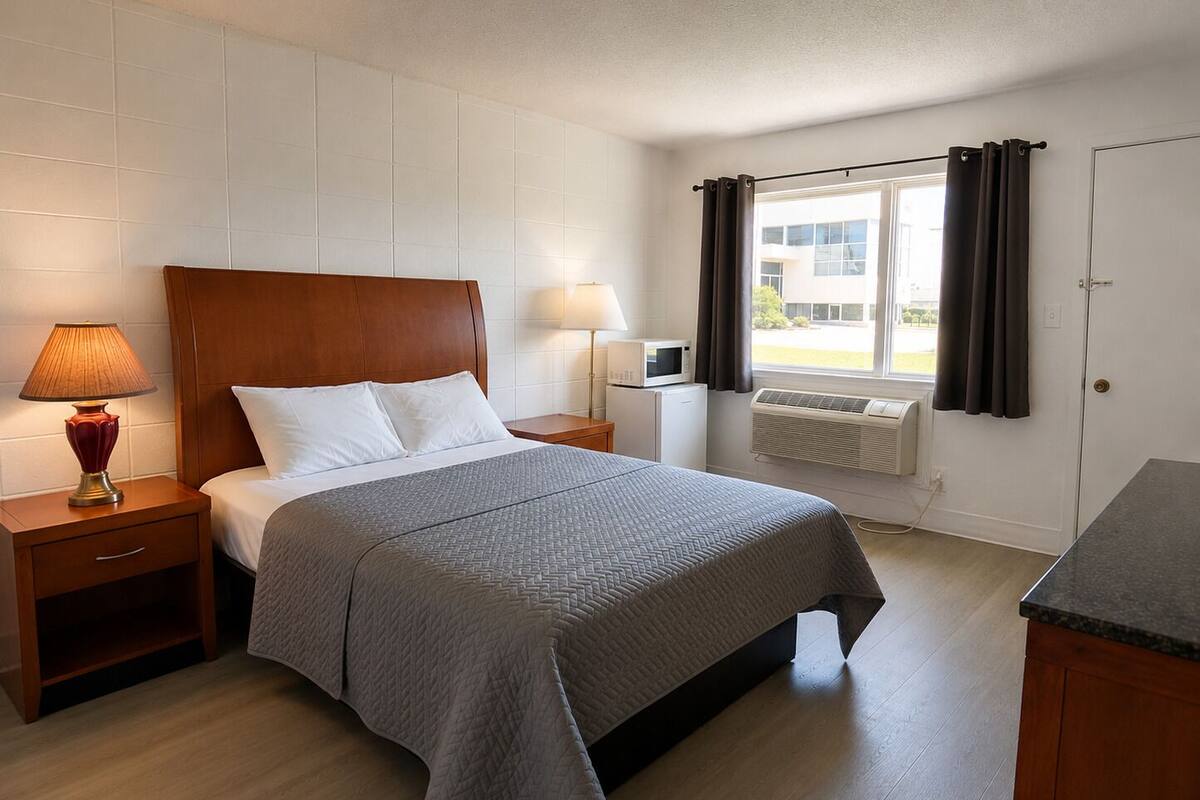 A neatly arranged hotel room with a bed, bedside lamps, a small table, and a window with curtains.
