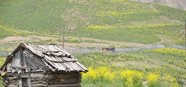 A rustic log cabin with a weathered exterior, situated in a hilly area with yellow flowering plants. - Hotel SADAF (Srinagar)