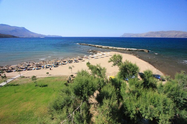 On the beach, sun-loungers, beach umbrellas