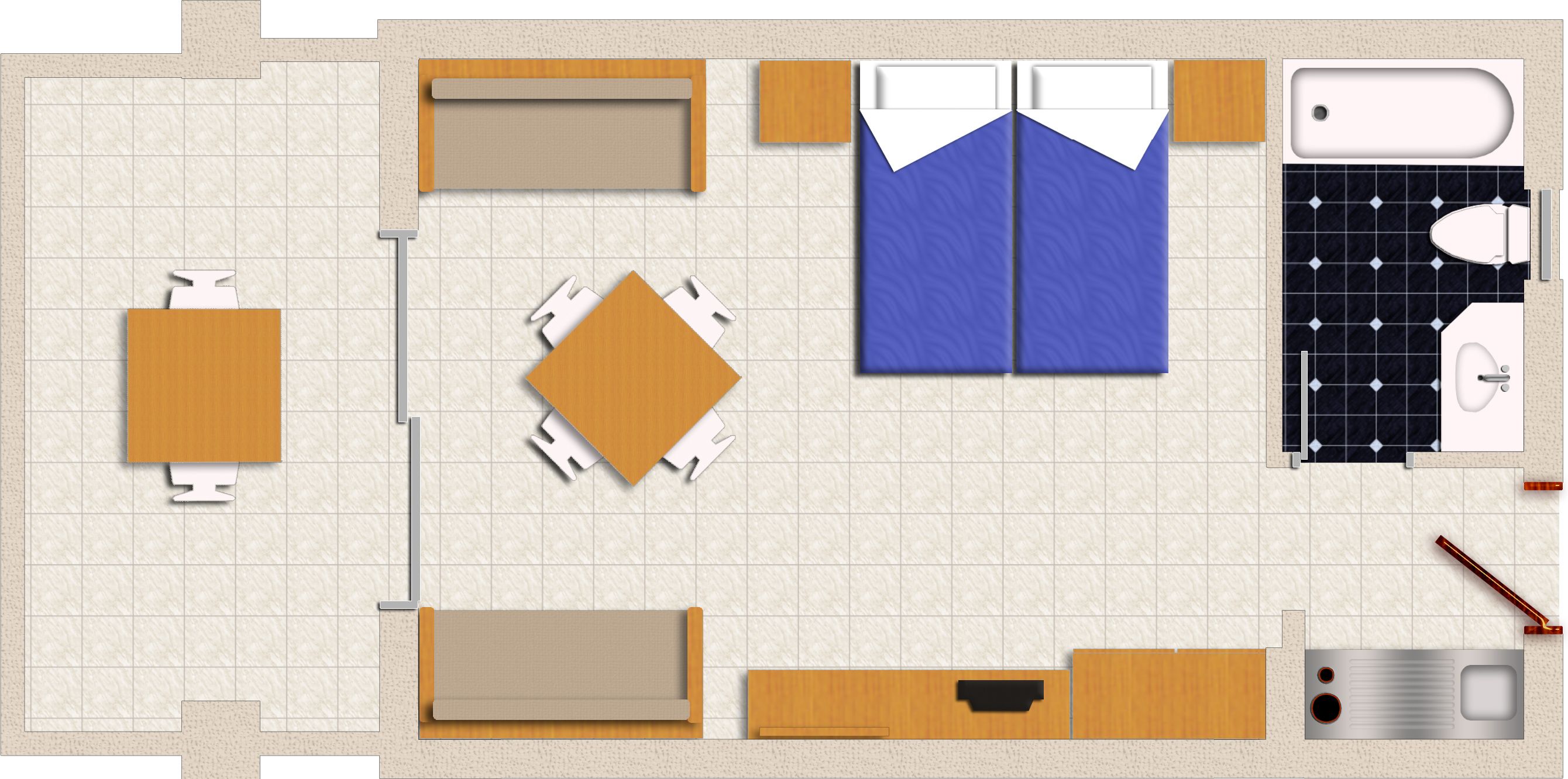 A hotel room layout with a bed, bedside tables, a desk, a chair, a wardrobe, a bathroom with a sink and toilet.