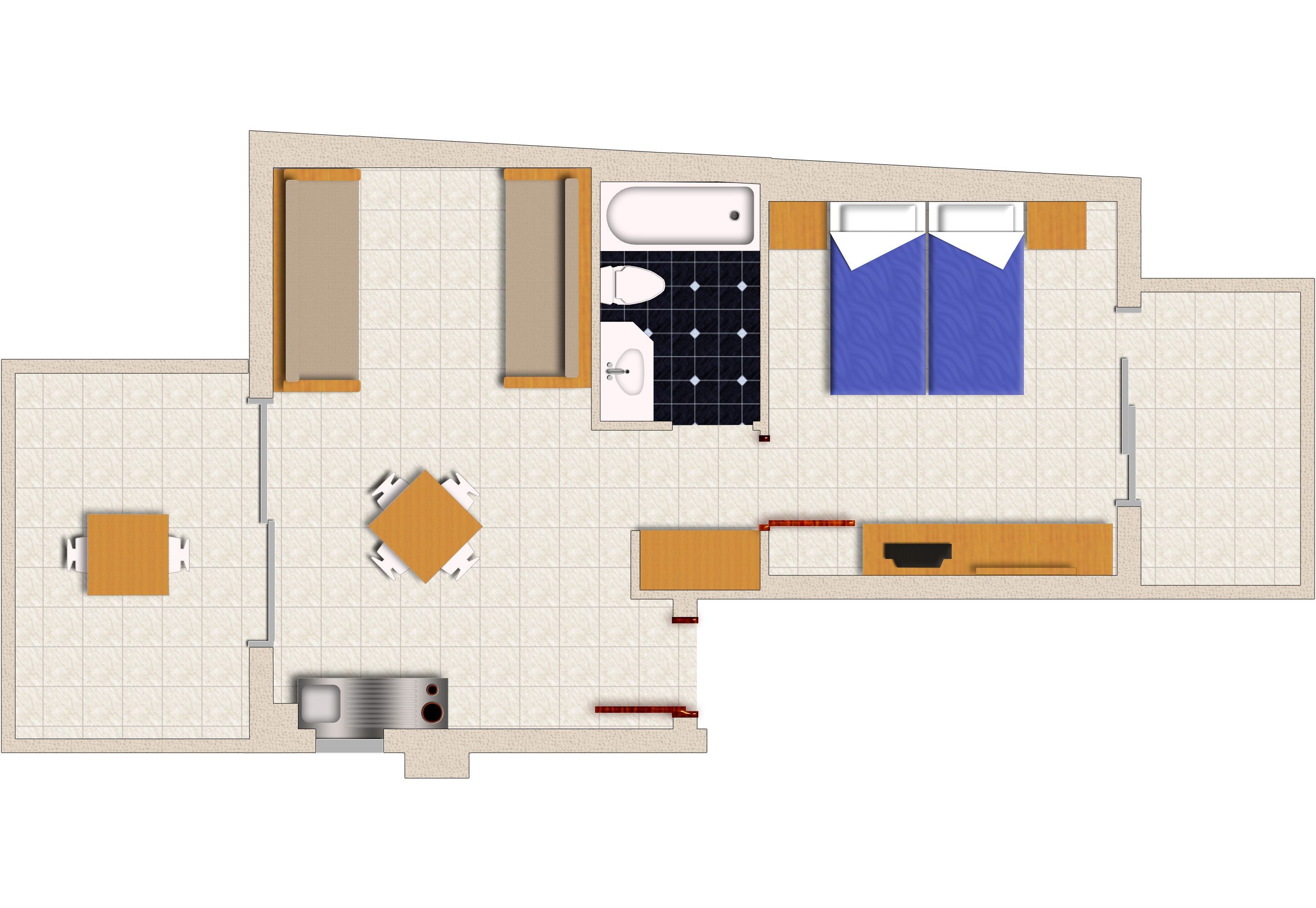 A floor plan of a hotel room with a bed, a bathroom, a dining area, and a small kitchen.