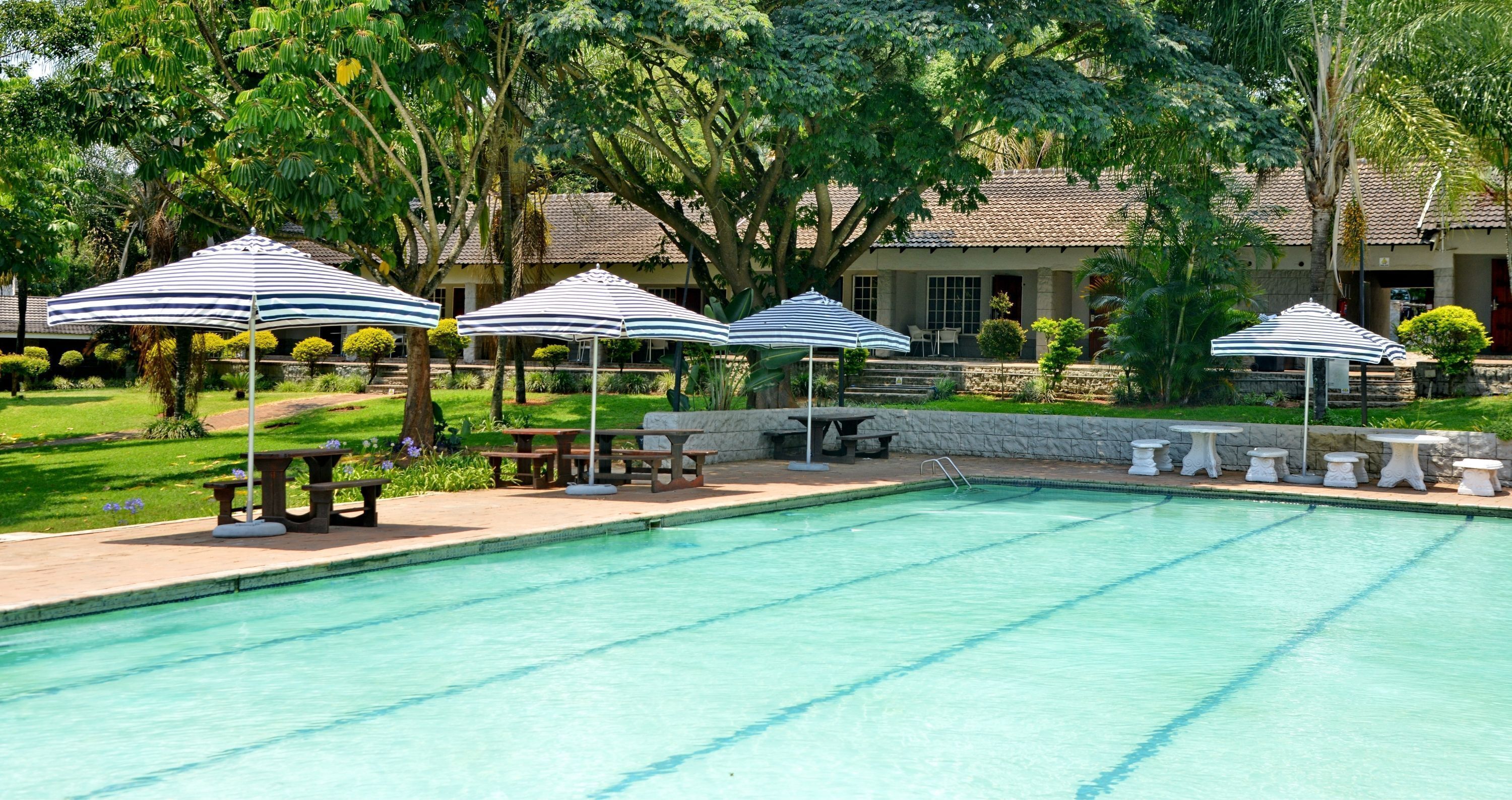 Outdoor pool, pool umbrellas, pool loungers