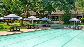 Outdoor pool, pool umbrellas, pool loungers