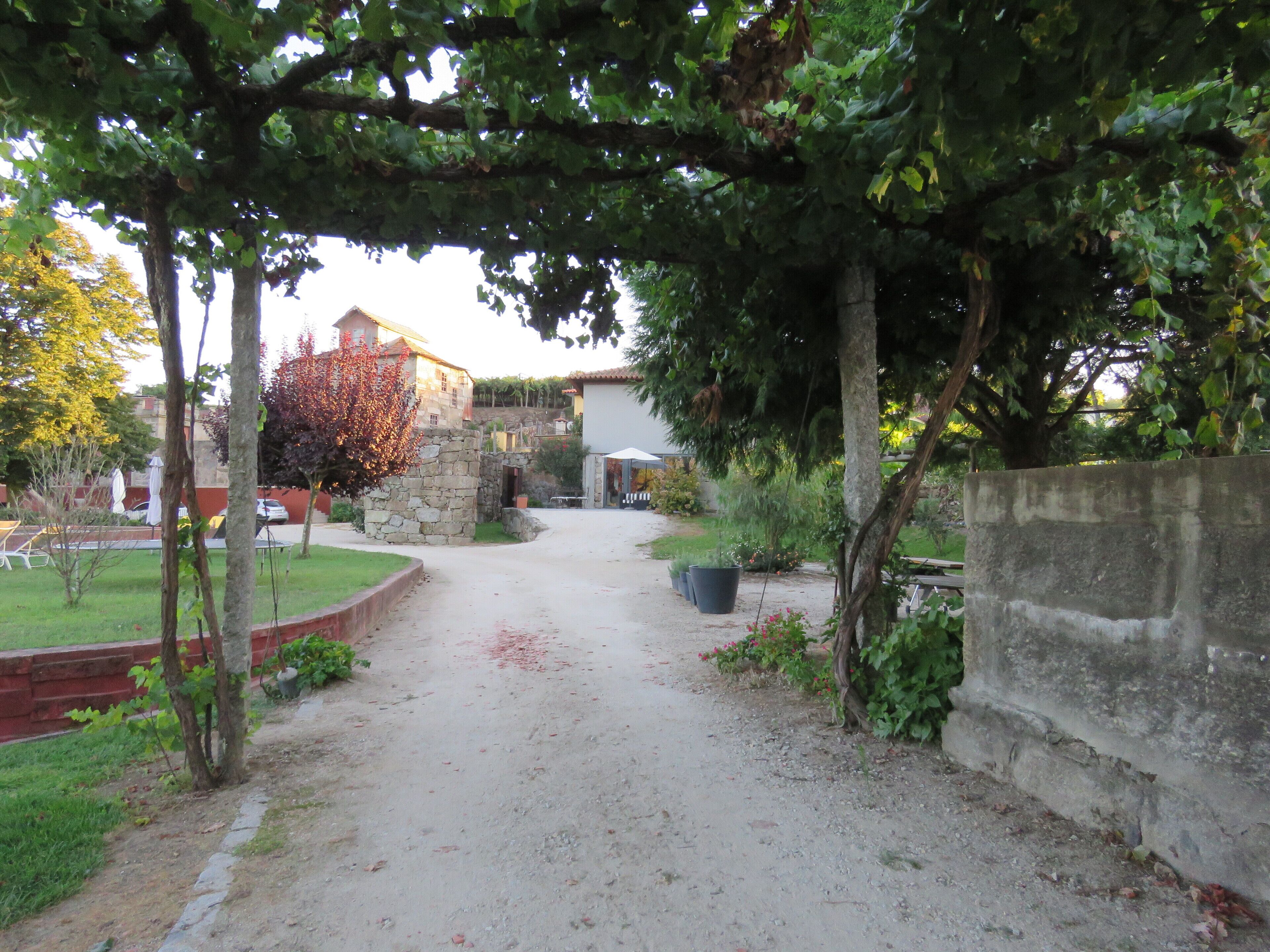Un chemin de gravier mène à un bâtiment dont un côté est bordé d’un mur de pierre et l’autre, d’une rangée d’arbres.