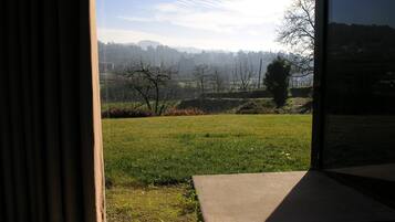 Vista a través de una ventana de un campo cubierto de hierba, con árboles y una colina al fondo.