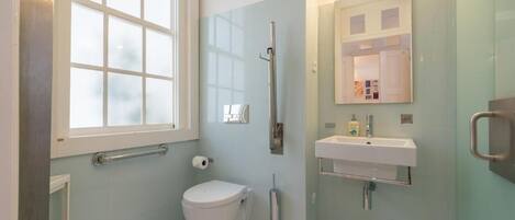 A bathroom with a toilet, a sink, a mirror, and a window.
