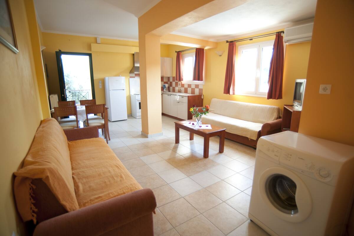 Ein kompakter Wohnbereich mit Sofa, Waschmaschine, Essbereich mit Stühlen und Tisch sowie Küchenzeile mit Kühlschrank und Spüle.