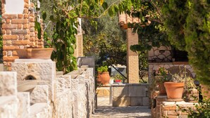 Un chemin de pierres qui traverse un jardin agrémenté de plantes en pot et bordé d’un mur de briques.