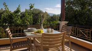 Une table dressée à l’extérieur, avec des chaises, un vase et une assiette de raisins.