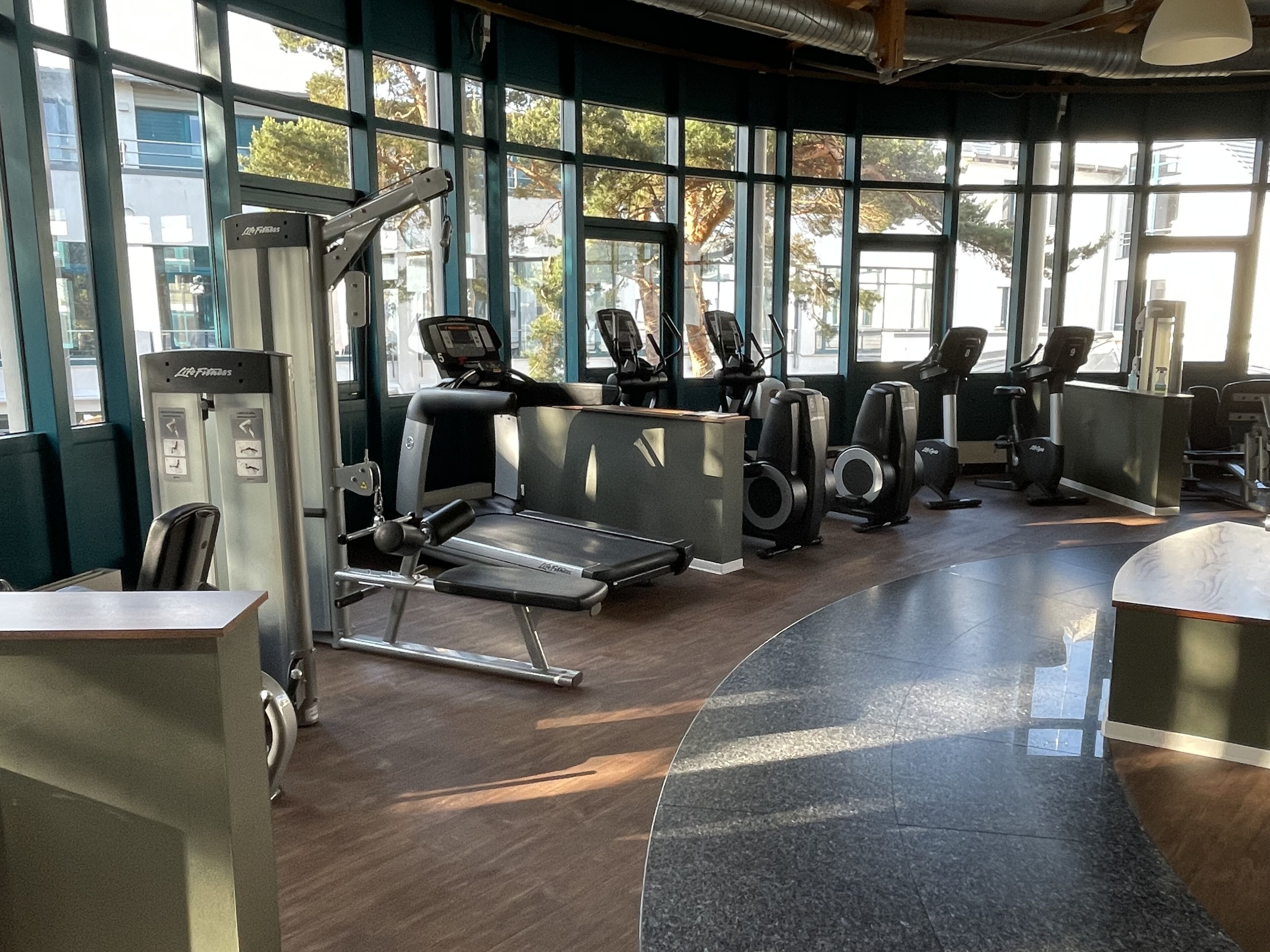 Un gimnasio con máquinas de cardio, bancos de pesas y un espejo grande.