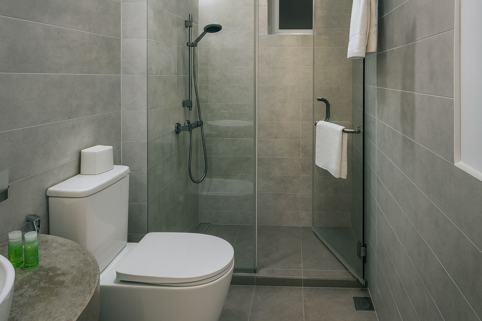 Moderni kylpyhuone, jossa on wc, pesuallas ja suihku.