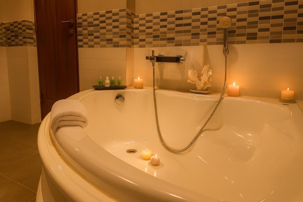 A bathroom with a large bathtub, two candles, and a showerhead.