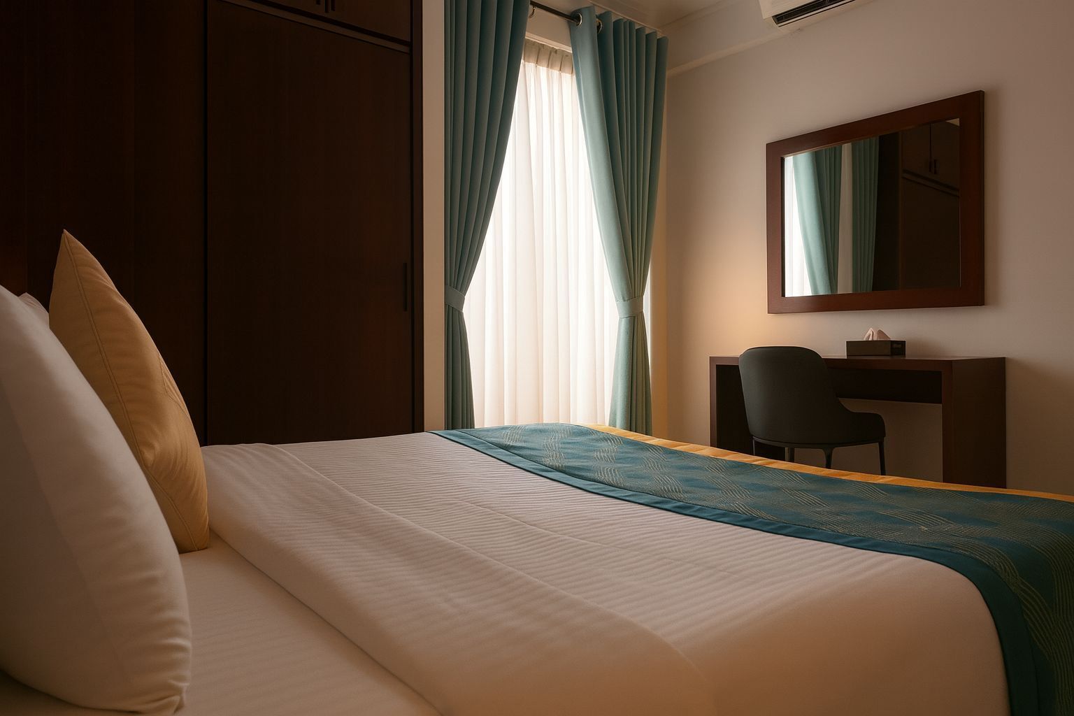 Una habitación de hotel con una cama, un escritorio y una silla.