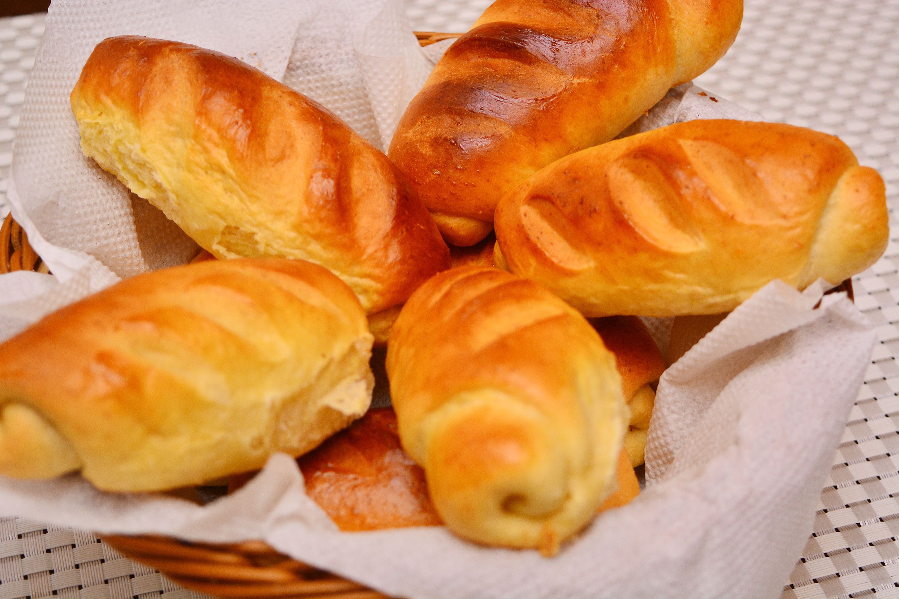 A basket of freshly baked croissants.