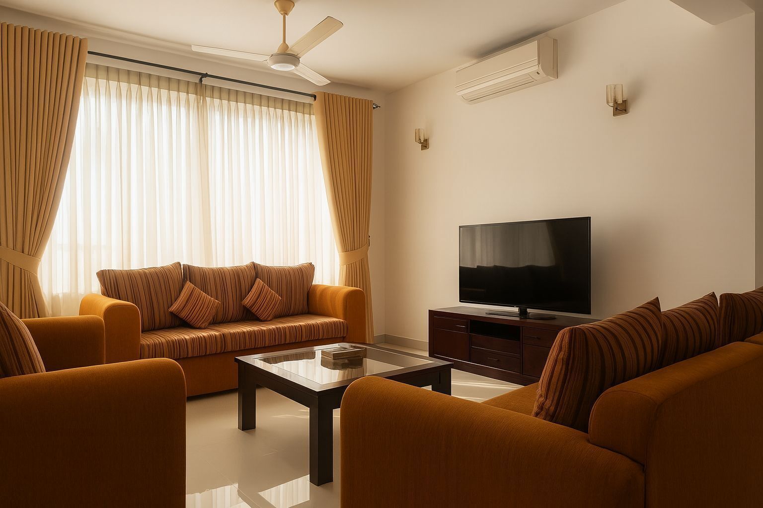 A modern living room with a sofa set, a coffee table, a flat-screen TV, and a ceiling fan.