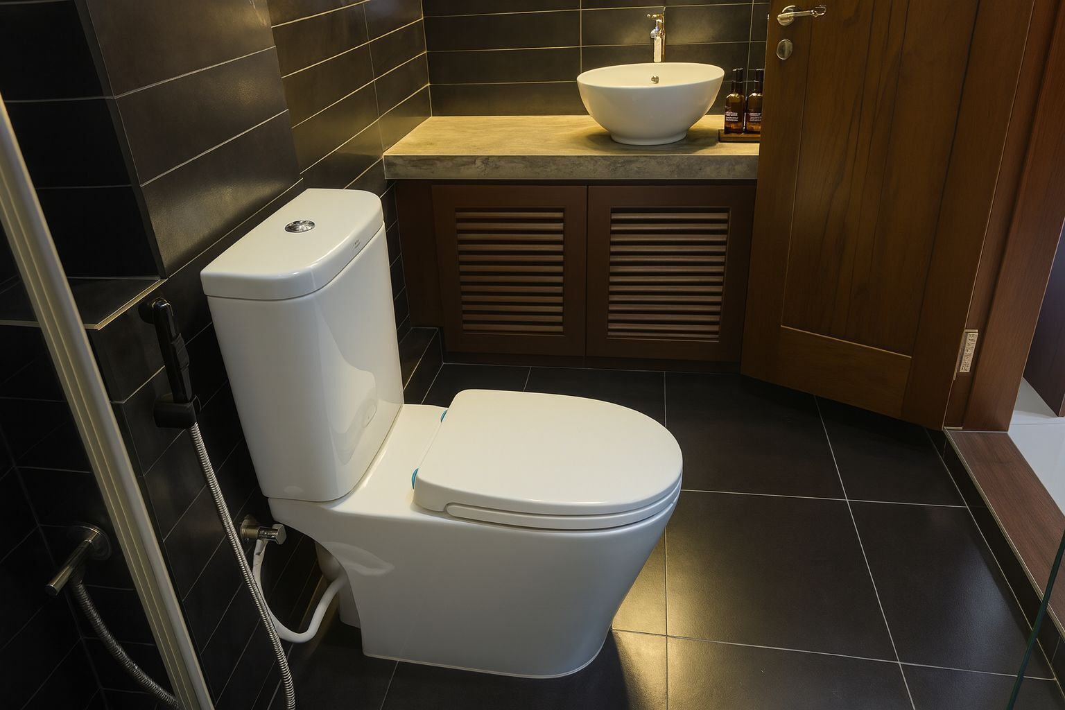 A modern bathroom with a white toilet, a sink, and a shower.
