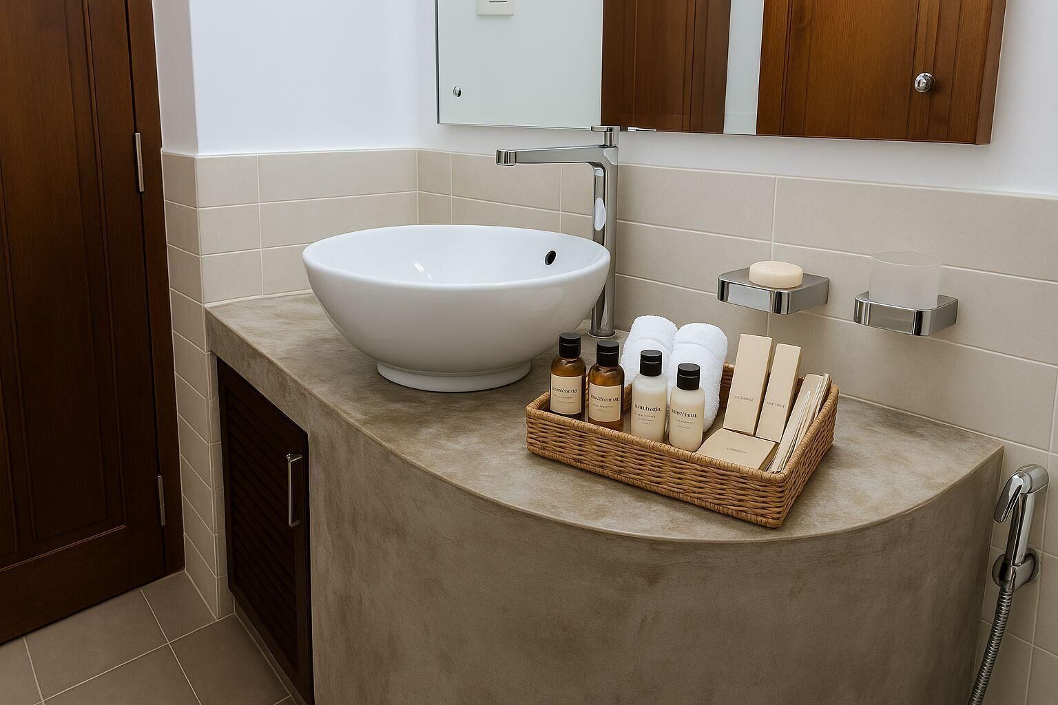A bathroom with a large white sink, a mirror, a wooden cabinet, and a wicker basket containing toiletries.