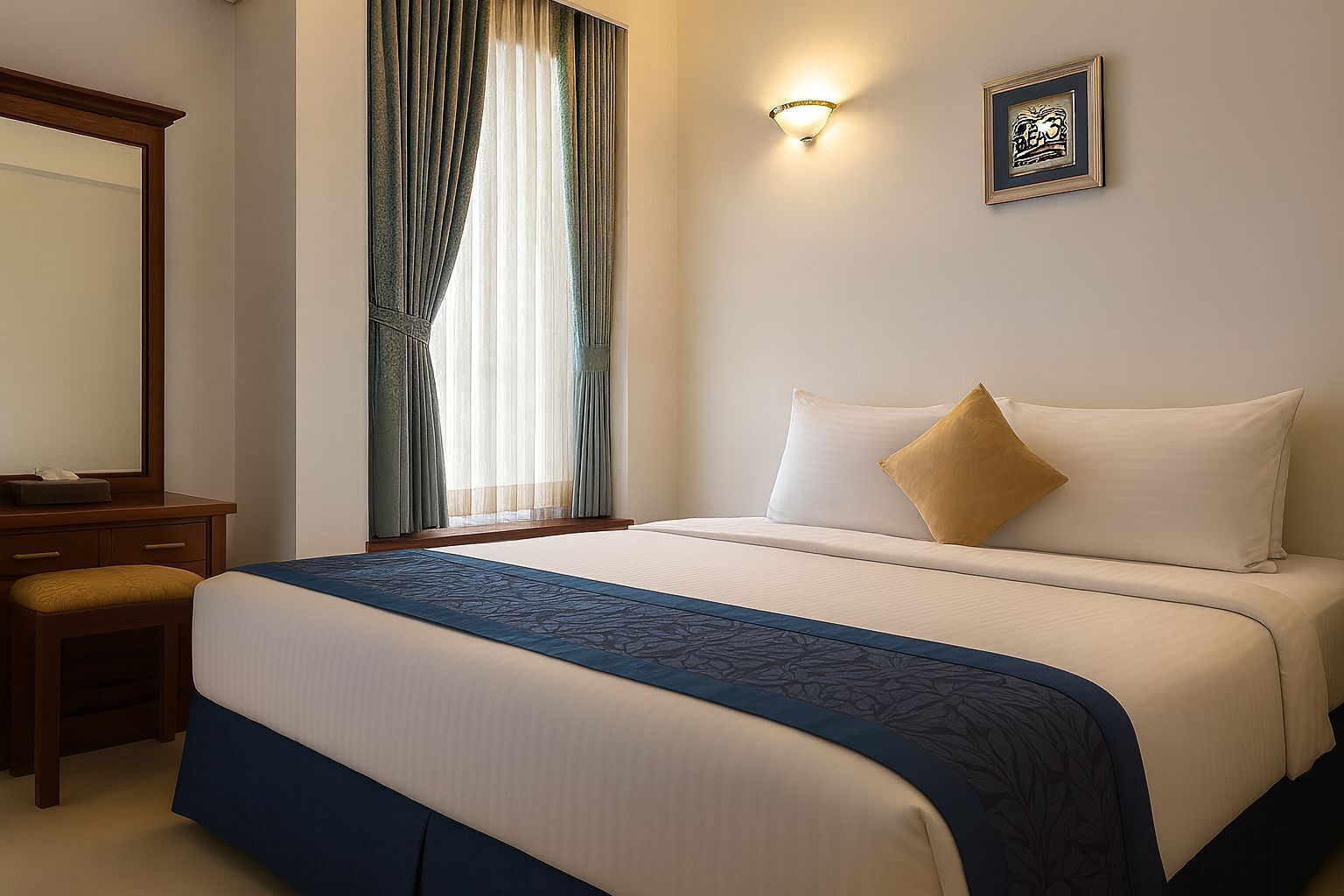 A hotel room with a bed, a desk, a chair, a window with curtains, a wall-mounted light, and a framed picture.