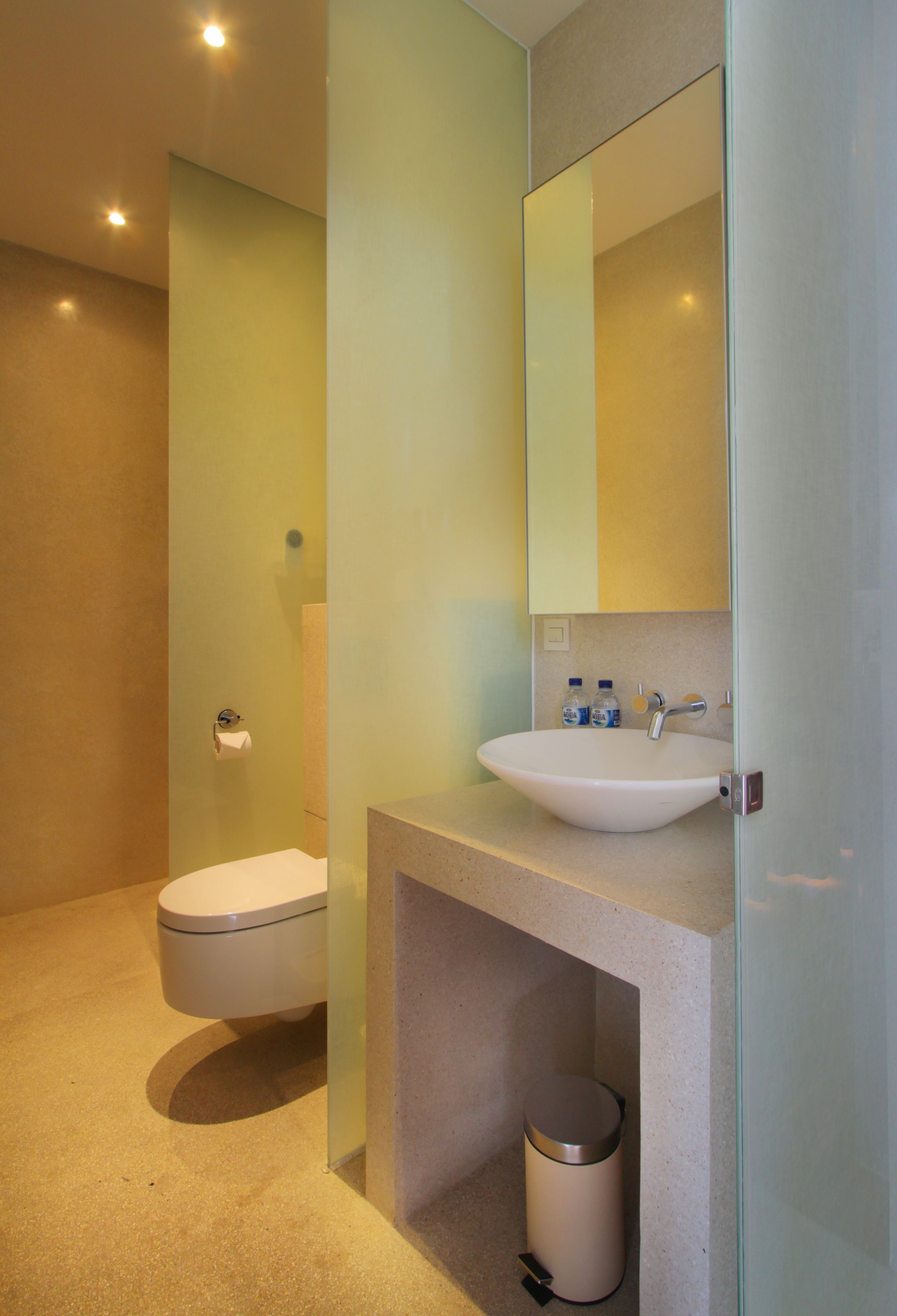 A modern bathroom with a white toilet, a glass-enclosed sink, and a mirror above it.
