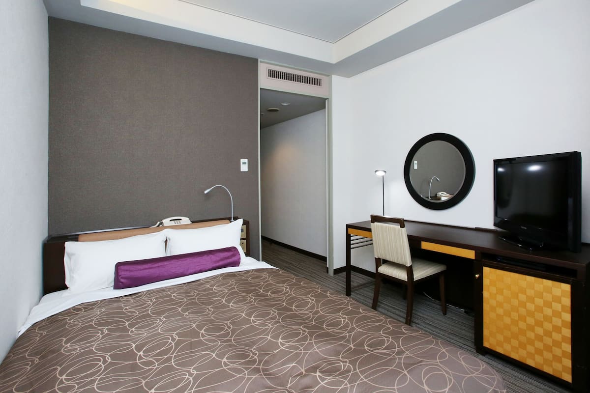 Una habitación de hotel con una cama, un escritorio, una silla, un televisor y un espejo.